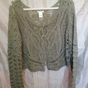 Ultra Pink Sage Green Crochet Button-Up Cardigan